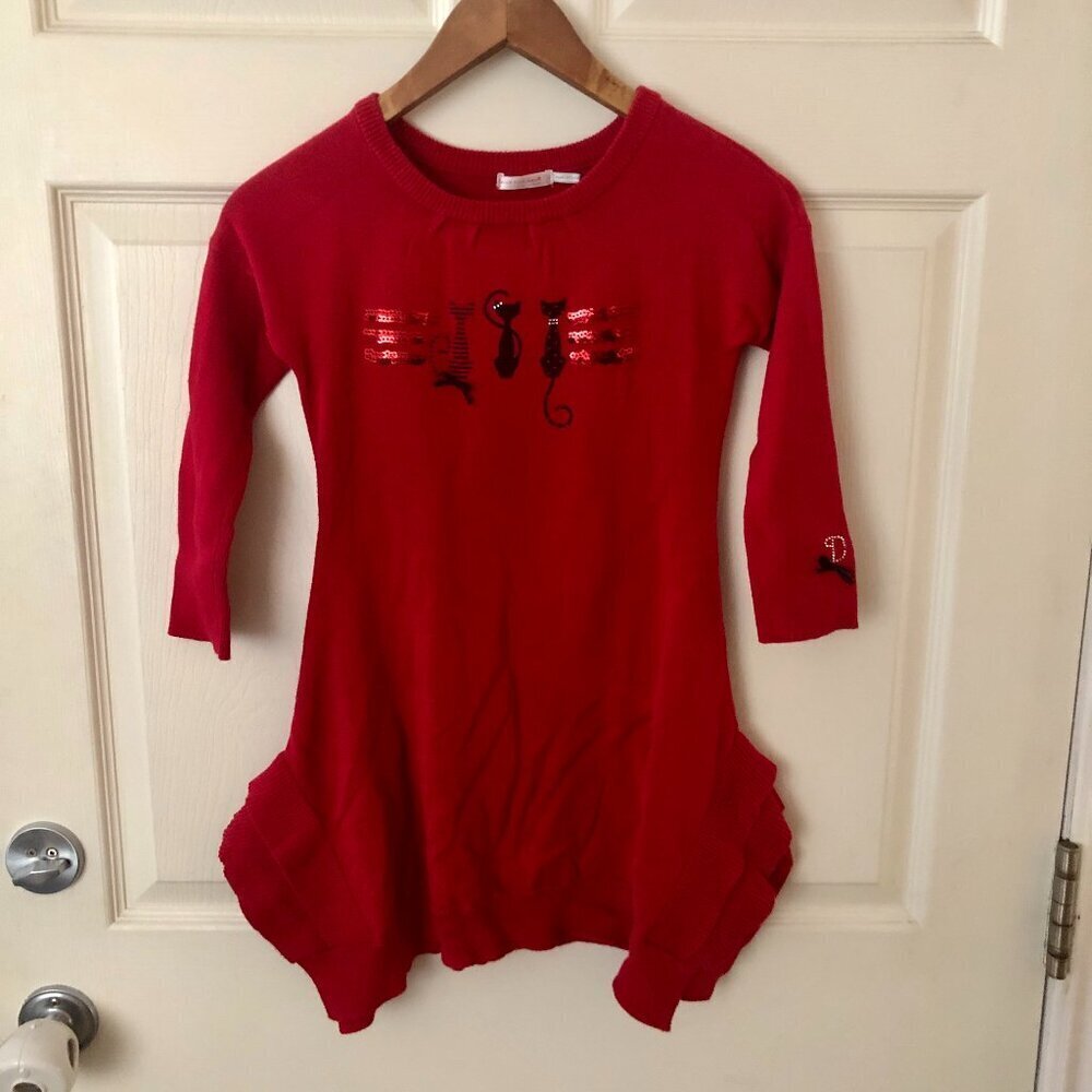 [Kids 8] Deux par Deux Girls Cat Sequin Sweater Dress Tunic Holiday Christmas